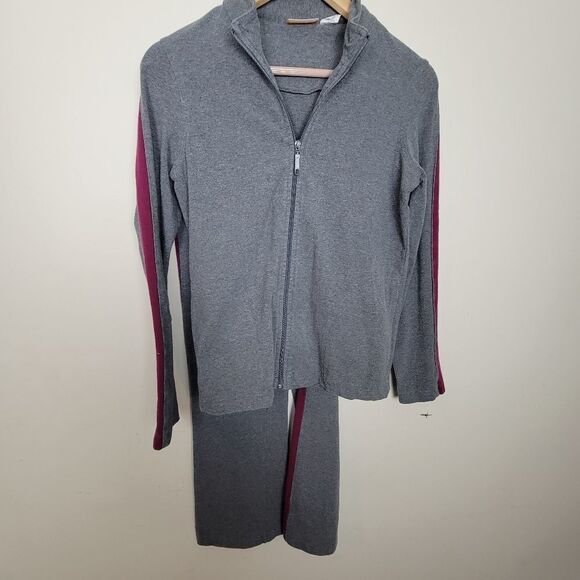 JCrew Gym Track Suit Jacket & Flared Yoga Pull on Pants Set Grey Maroon Small - Picture 1 of 5